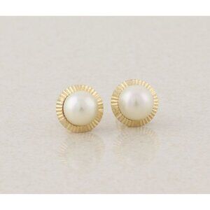 14k Yellow Gold 7mm Freshwater Pearl Earrings Stud Post 3/8" inch
